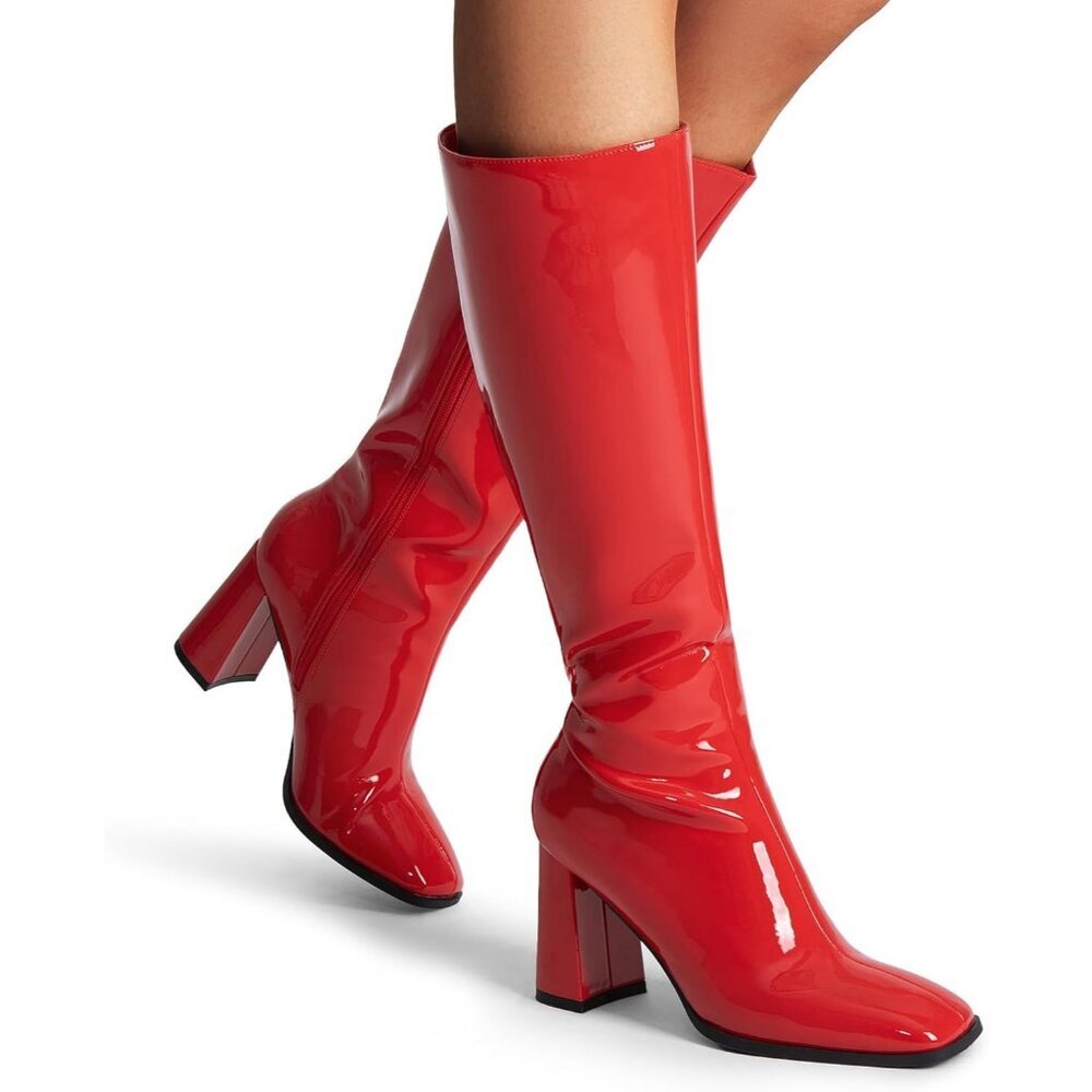 Women's Red DREAM PAIRS Knee-High Boots Square Toe Gogo Chunky Heel Side Zip - Picture 5 of 9